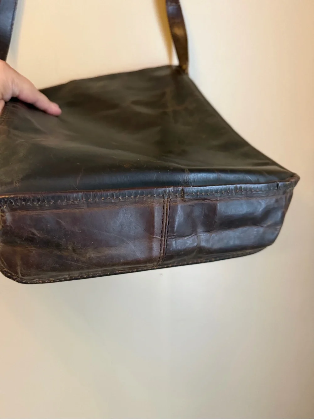 Vtg Waxed Leather Messenger Bag Crossbody Green Canvas Interior Brass Hardware